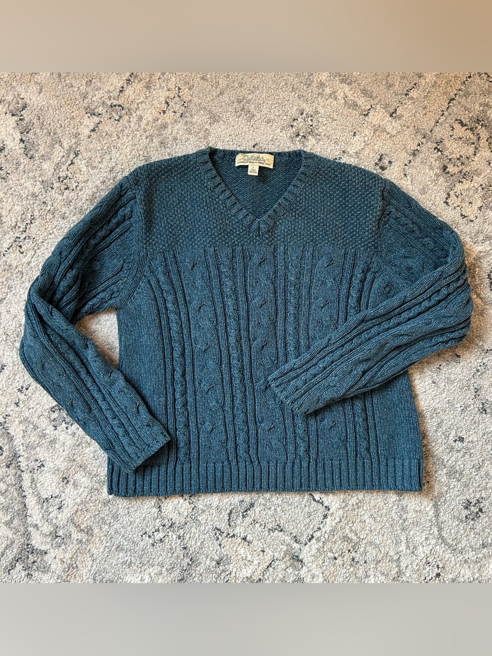 Vintage Cabela's Women's V-Neck Cable Knit Sweater - Teal Blue